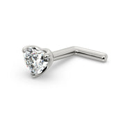 14k white gold 3mm heart diamond nose ring with L-post style, angled product view