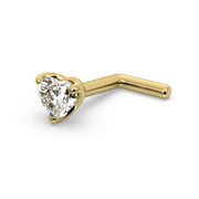 14k yellow gold heart diamond nose ring with L-post backing, angled side view