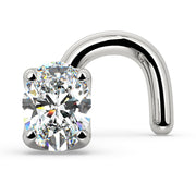 14k white gold oval diamond nose ring with twist backing, side view showing curl detail