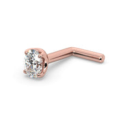 14k rose gold oval diamond nose ring L-post backing, side view showing angled post in warm gold