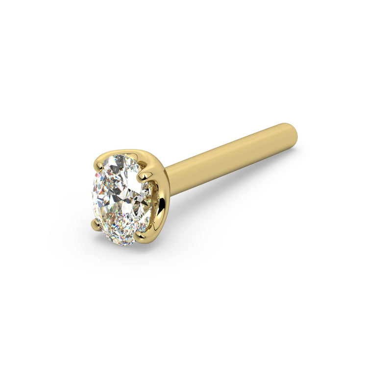 14k yellow gold oval diamond nose ring straight post style, left-facing angled view of four-prong setting