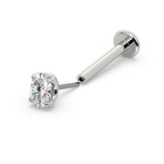 14k white gold oval diamond threadless flat back labret, full-length angled view showing push-pin end and post