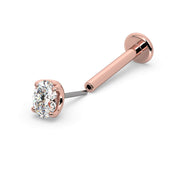 14k rose gold oval diamond threadless flat back labret, angled view with push-pin end and post separated