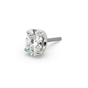 14k white gold oval-cut diamond push-pin end only, angled view showing 4-prong setting and titanium pin