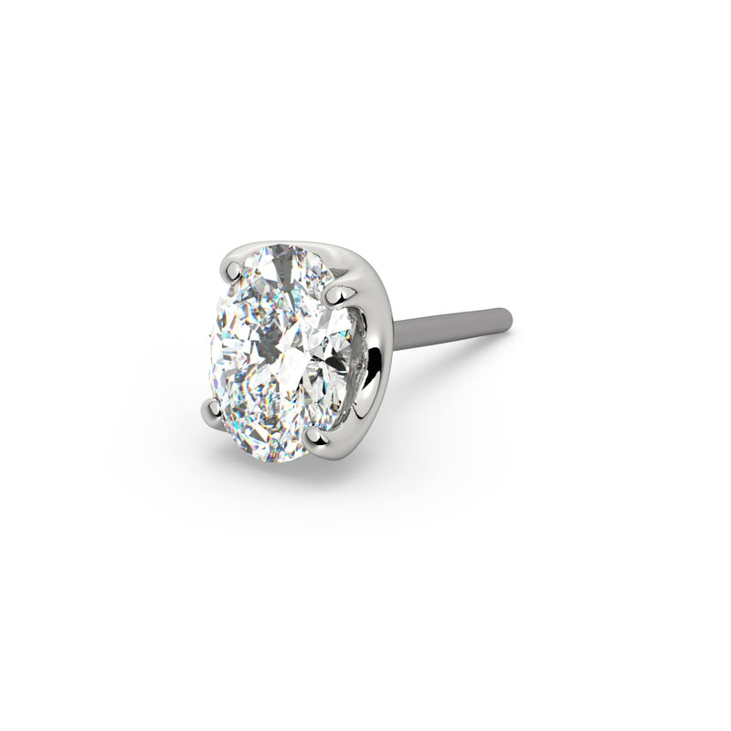 14k white gold oval-cut diamond push-pin end only, angled view showing 4-prong setting and titanium pin