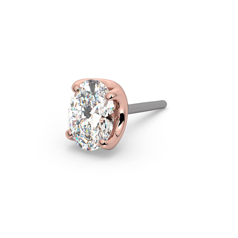 14k rose gold oval-cut diamond push-pin end only, angled view highlighting 4-prong setting and pin