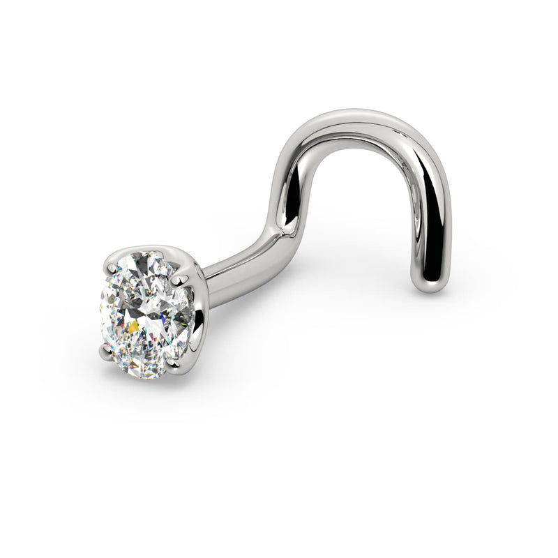 14k white gold oval-cut diamond nose ring twist style, angled view highlighting four-prong setting