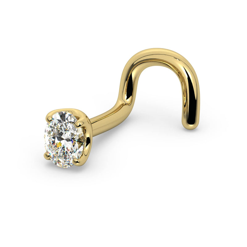 14k yellow gold oval diamond nose ring with twist backing, angled view showing screw curl