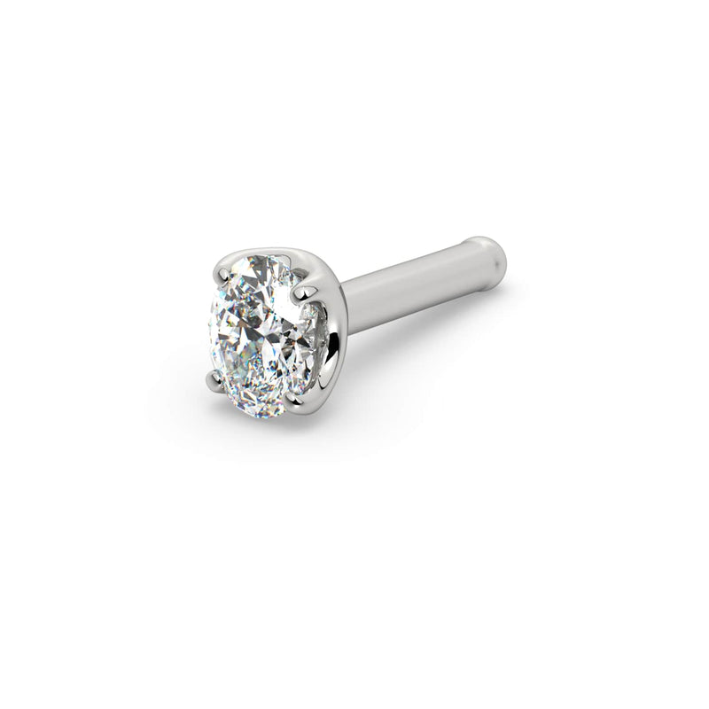 14k white gold oval diamond nose ring bone style, angled view with straight post and rounded tip