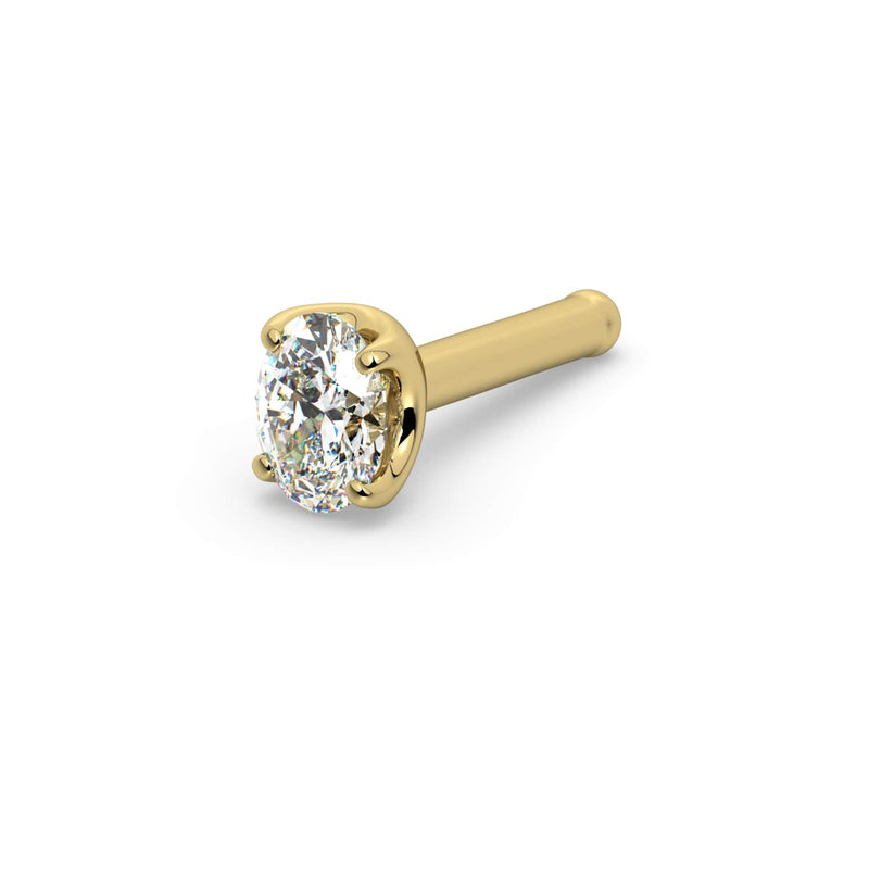 14k yellow gold oval diamond nose ring bone style, angled side view showing straight post with ball end