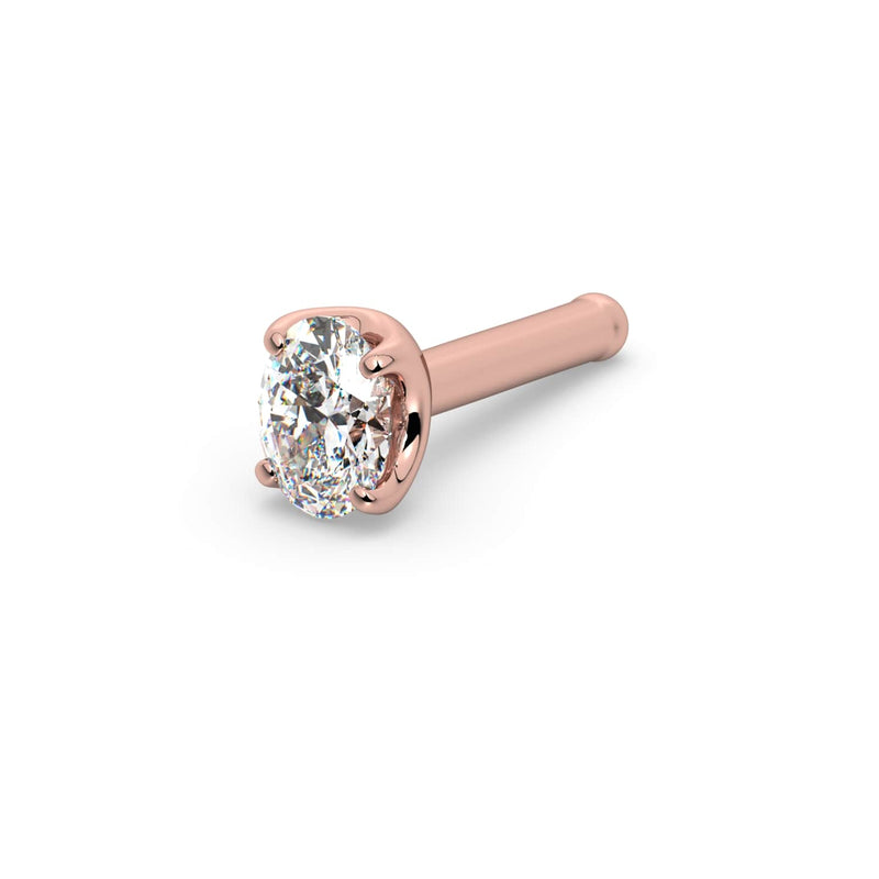 14k rose gold oval diamond nose ring bone backing, angled view showing ball-tipped straight post