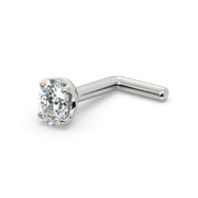 14k white gold oval diamond nose ring L-post style, side view showing angled post backing