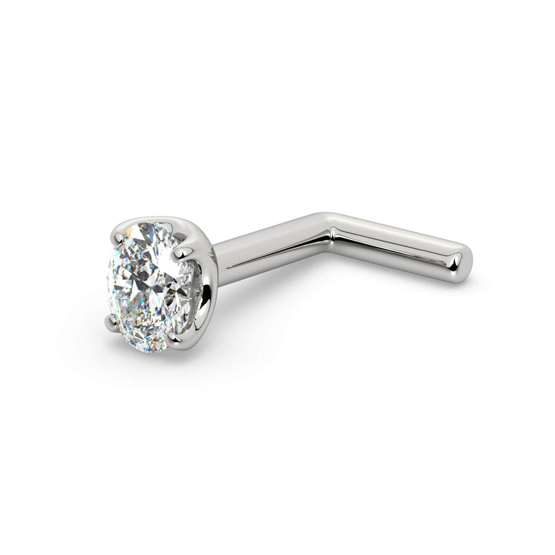14k white gold oval diamond nose ring L-post style, side view showing angled post backing