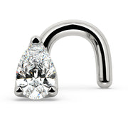 14k white gold pear-cut diamond nose ring twist style, angled view showing curved post