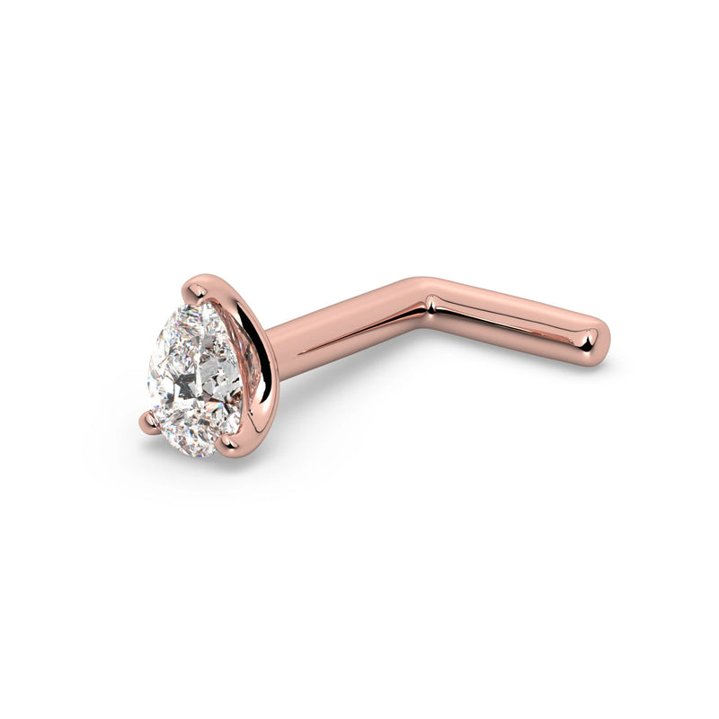 14k rose gold pear-cut diamond L-post nose ring, angled view showing L-shaped backing style