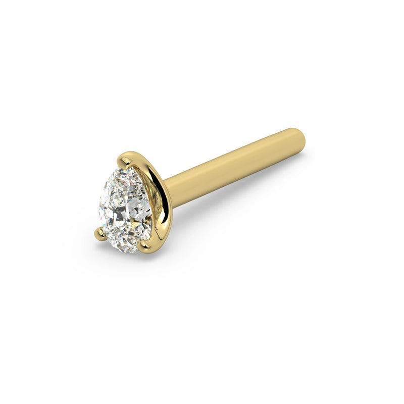 14k yellow gold pear-cut diamond straight-post nose stud, angled view showing full post and setting