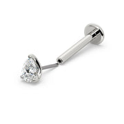 14k white gold pear-cut diamond threadless flat back labret, angled view with push-pin end detached from post