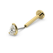 14k yellow gold pear-cut diamond threadless flat back labret, exploded view showing push-pin end separated