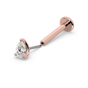 14k rose gold pear-cut diamond threadless flat back labret, angled view with push-pin end separated from post