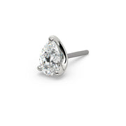 14k white gold 3mm pear-cut diamond push-pin end only, angled view of 3-prong teardrop setting and threadless pin