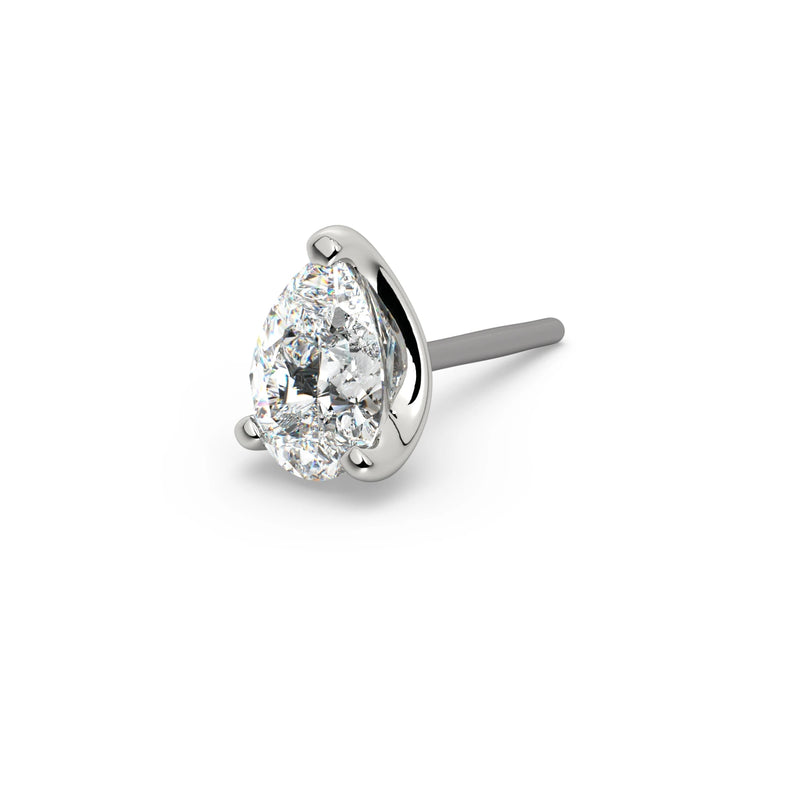14k white gold 3mm pear-cut diamond push-pin end only, angled view of 3-prong teardrop setting and threadless pin