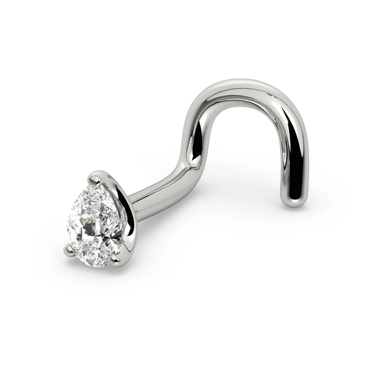 14k white gold pear-cut diamond nose twist ring, angled view highlighting S-curve post detail