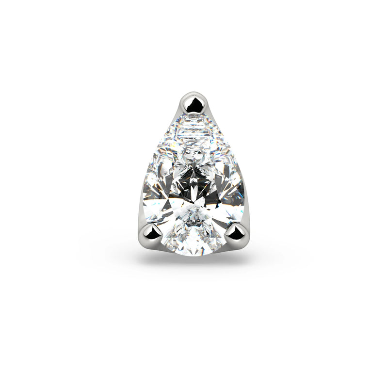 14k white gold 3mm pear-cut diamond labret end, straight-on front view of teardrop 3-prong setting