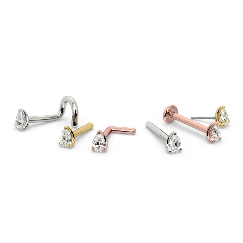Pear-cut diamond nose rings in all styles and metal colors: twist, L-post, flatback, bone, white, yellow, rose gold
