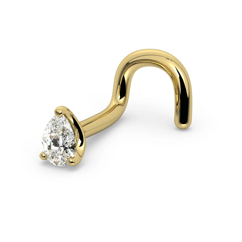 14k yellow gold pear-cut diamond nose ring twist style, side view of S-curve post shape