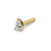 14k yellow gold pear-cut diamond nose bone, side view of straight post and prong-set diamond end