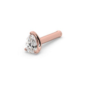 14k rose gold pear-cut diamond nose bone ring, angled view showing straight post with ball end