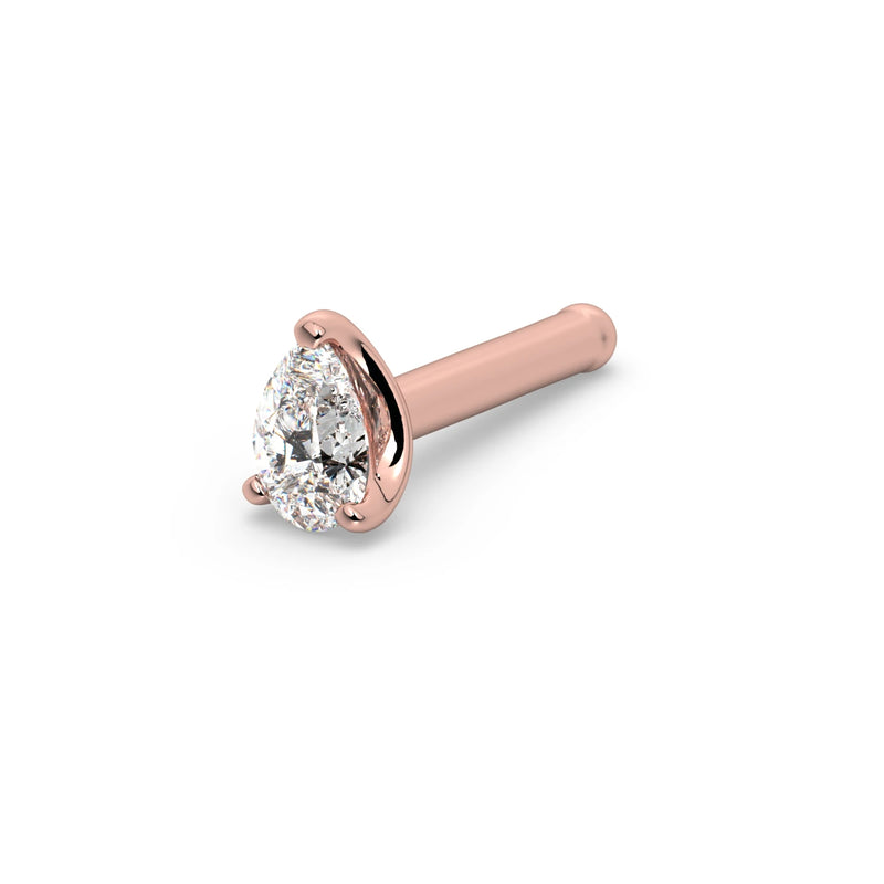 14k rose gold pear-cut diamond nose bone ring, angled view showing straight post with ball end