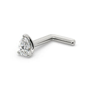 14k white gold pear-cut diamond L-post nose ring, angled view of L-shaped post and diamond end