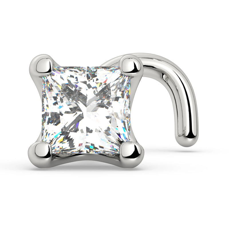 14k white gold princess-cut diamond nose ring with twist backing, angled side view showing post style