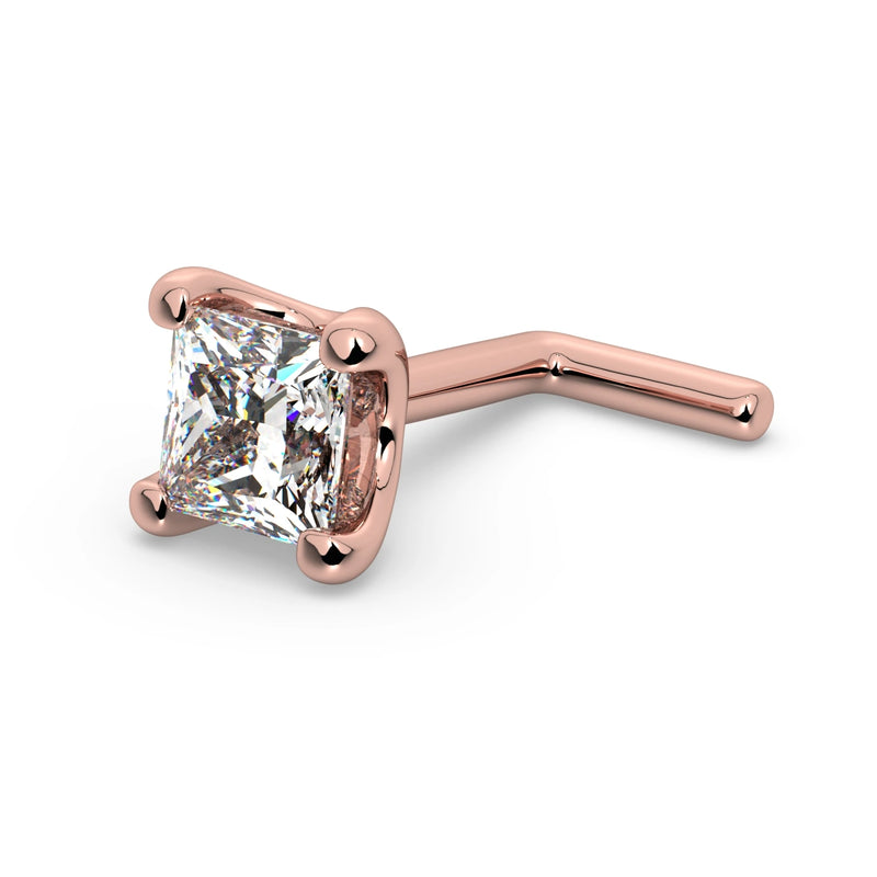 14k rose gold 3mm princess-cut diamond L-post nose stud, angled view showing L-shaped backing