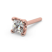 14k rose gold princess-cut diamond nose stud with straight post, angled view showing post length