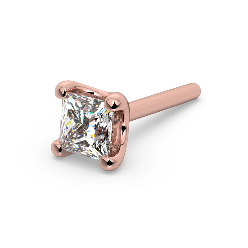 14k rose gold princess-cut diamond nose stud with straight post, angled view showing post length