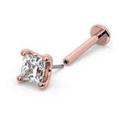 14k rose gold 3mm princess-cut diamond flat back labret, angled view showing threadless post and flat disc backing