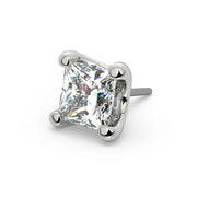 Close-up of 14k white gold 3mm princess-cut diamond threadless end showing angular facets and four ball prongs