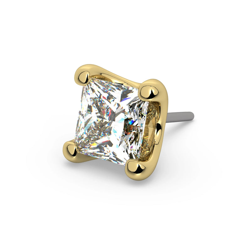 Close-up of 14k yellow gold 3mm princess-cut diamond threadless end showing angular facets and four ball prongs