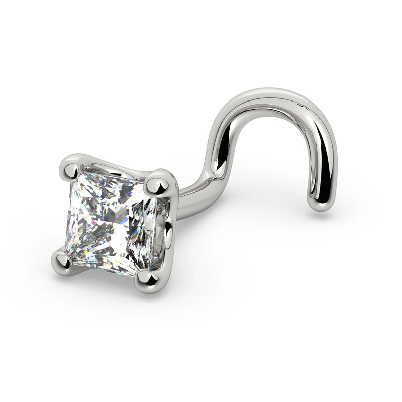 14k white gold princess-cut diamond nose ring with twist post, angled view highlighting screw backing