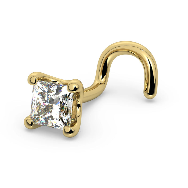 14k yellow gold 3mm princess-cut diamond nose ring with twist backing, angled view showing post style