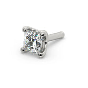 14k white gold princess-cut diamond nose bone stud, angled view showing straight post with ball end