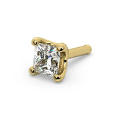 14k yellow gold princess-cut diamond nose bone stud, angled view showing straight post with ball end