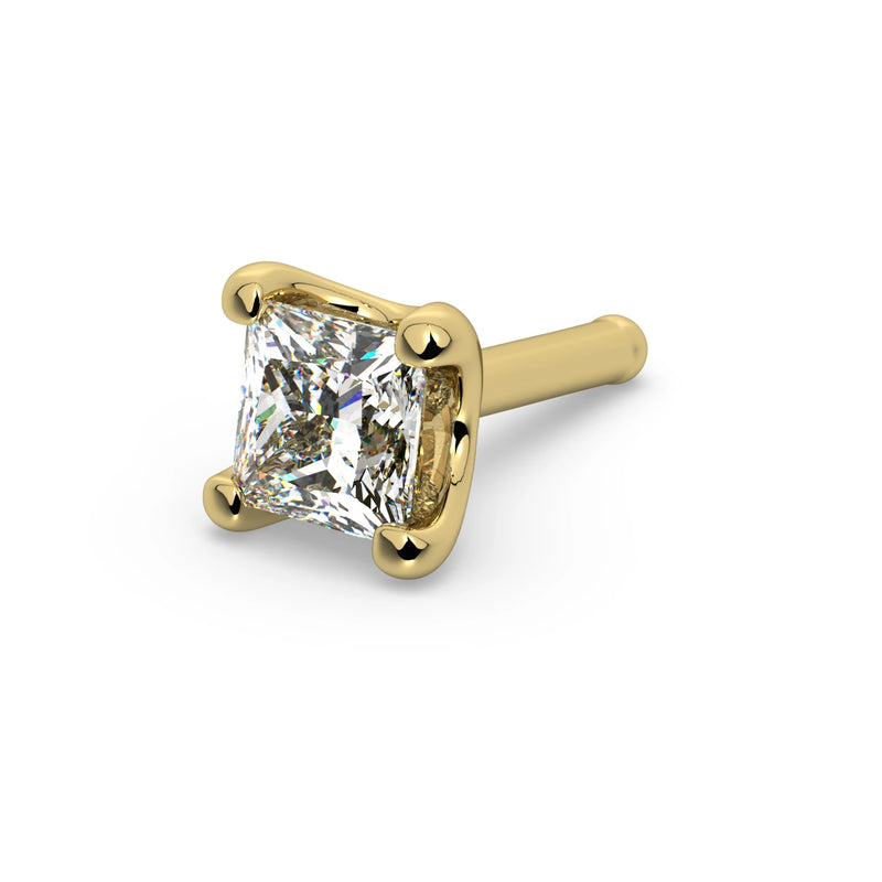 14k yellow gold princess-cut diamond nose bone stud, angled view showing straight post with ball end