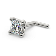 14k white gold 3mm princess-cut diamond L-post nose stud, angled view showing L-shaped backing