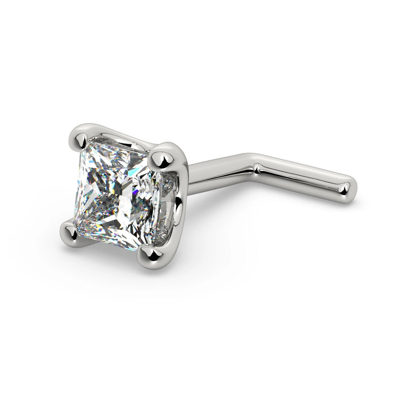 14k white gold 3mm princess-cut diamond L-post nose stud, angled view showing L-shaped backing