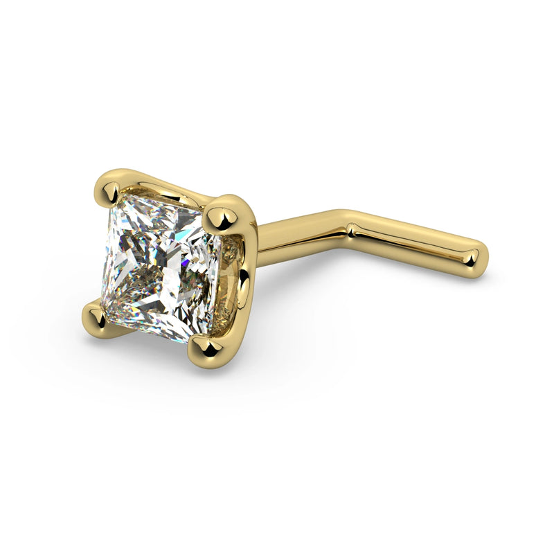14k yellow gold 3mm princess-cut diamond L-post nose stud, angled view showing L-shaped backing