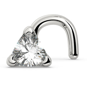 14k white gold trillion diamond nose ring with twist screw backing, angled side view