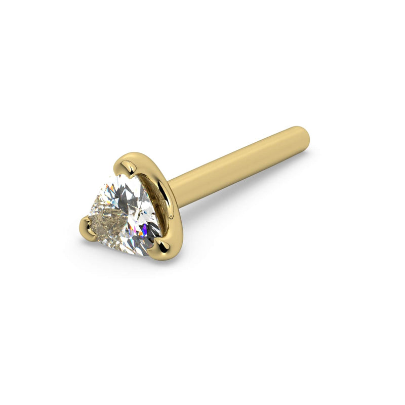 14k yellow gold 3mm trillion diamond nose stud with straight post, alternate angled perspective